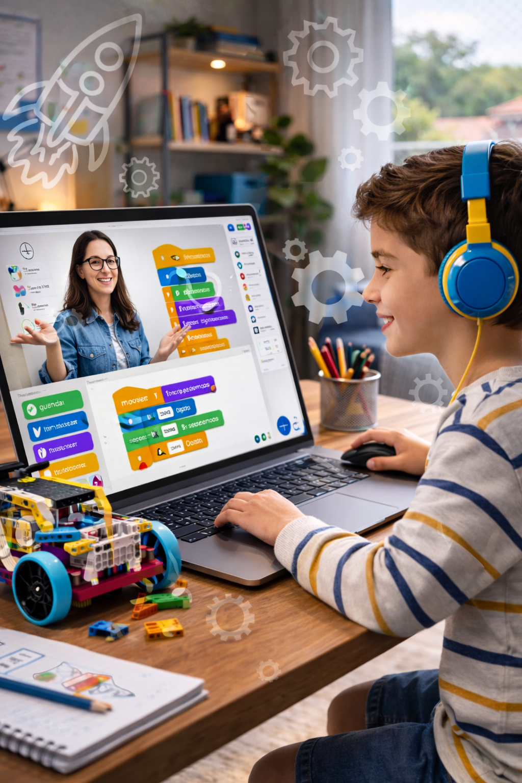 Aluno aprendendo online com robótica